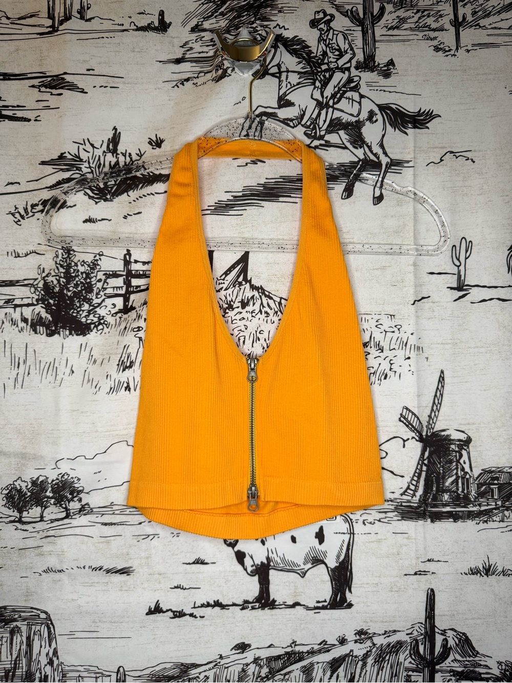 Bright Orange Ribbed Halter Zip Front Crop Top